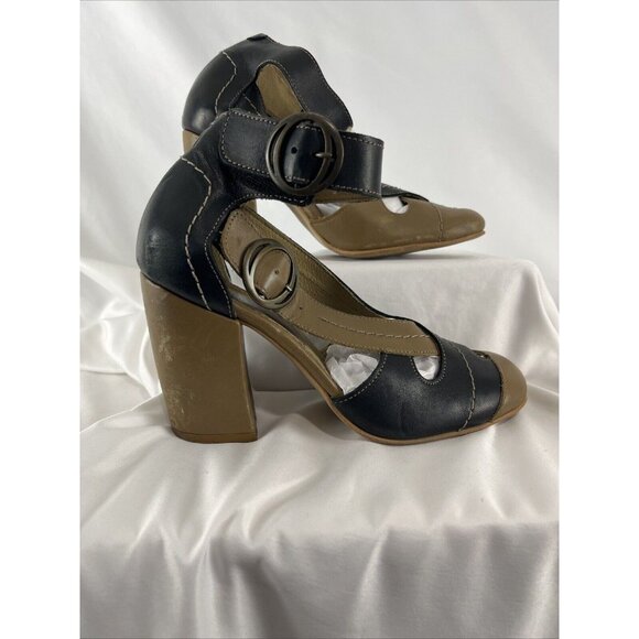Fly London Fly Girl Block Heel Taupe & Black Leather Shoes - Picture 2 of 16